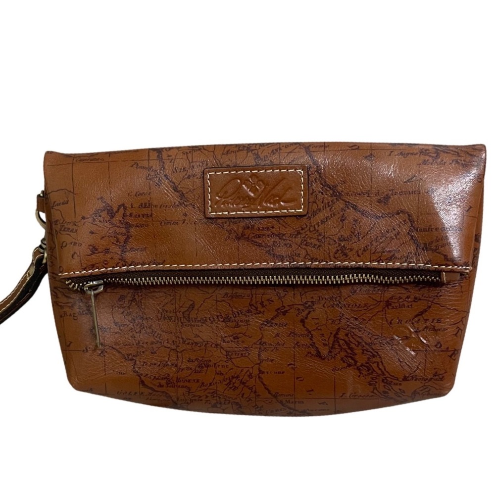 Patricia Nash Brown Leather Discovery Map Print‎ Foldover Clutch Bag Handbag